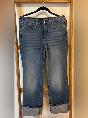 Classic High Rise Flare Mid Wash Blue Jeans With Cuffs